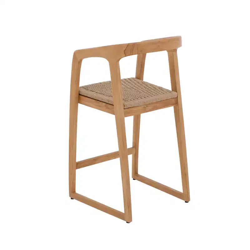 Sgabello da bar in teak naturale, beige, schienale medio con braccioli, seduta singola