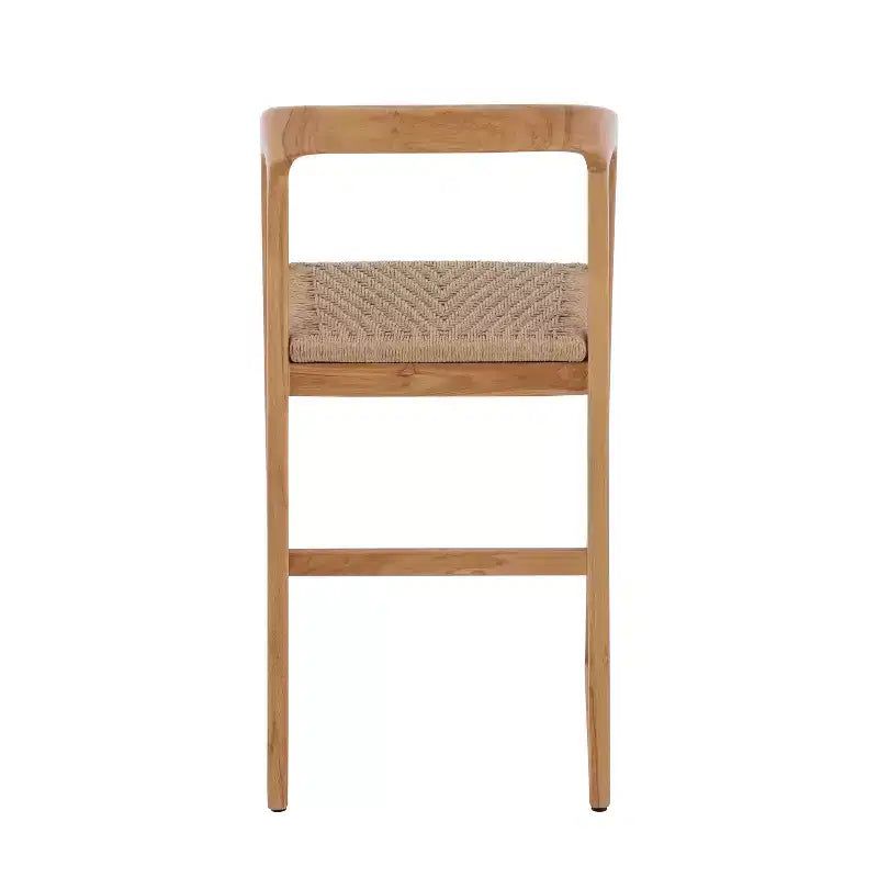 Sgabello da bar in teak naturale, beige, schienale medio con braccioli, seduta singola
